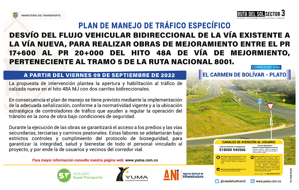 En este momento estás viendo PMT Desvío del flujo vehícular bidireccional de la vía existente a vía nueva, para realizar obras de mejoramiento en Hito 48A mej (PR 17+600 a PR 20+000 Ruta 8001, Carmen de Bolivar – Plato)