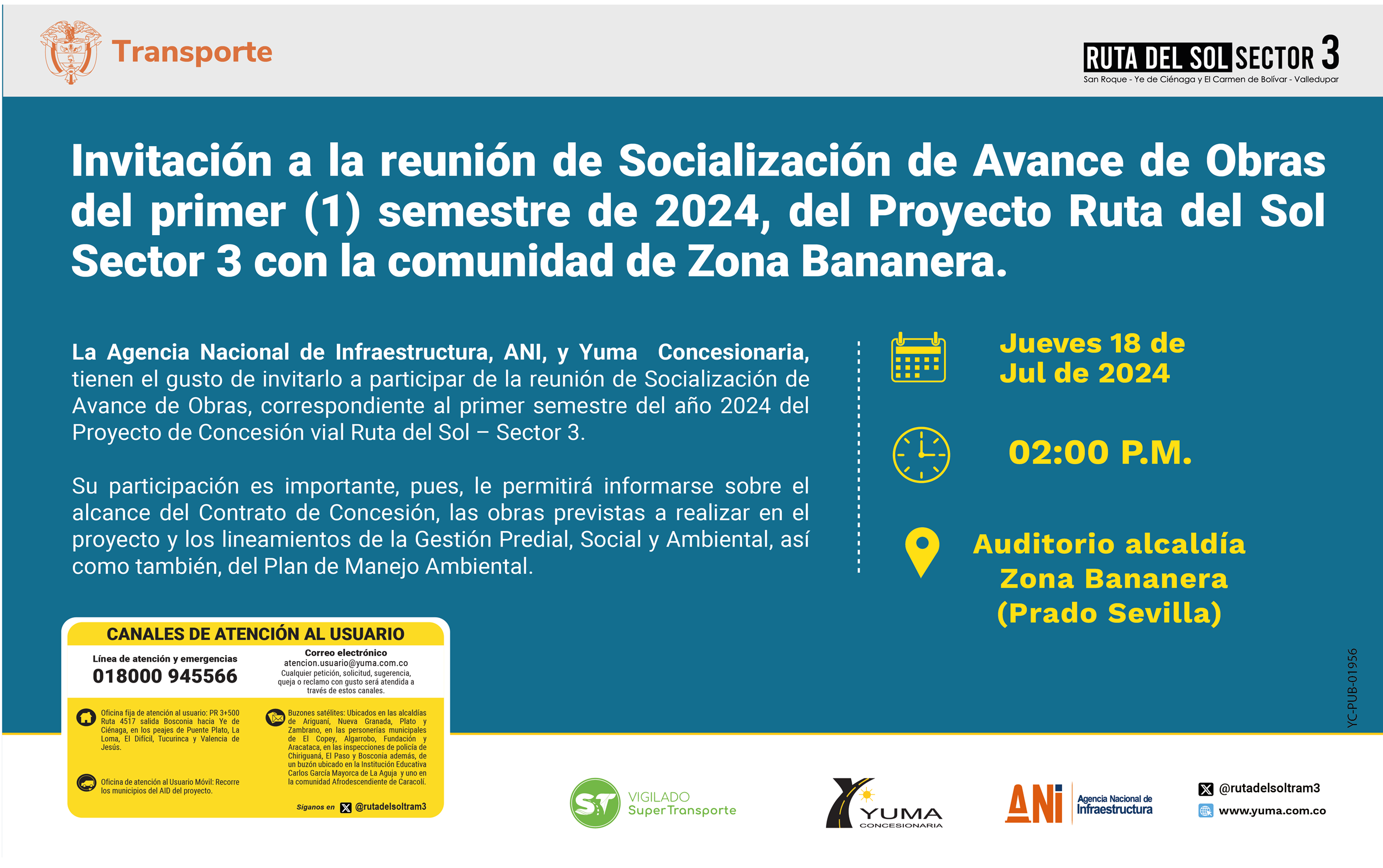Lee más sobre el artículo Invitación a la reunión de Socialización de Avance de Obras del primer semestre de 2024 con la comunidad de Zona Bananera