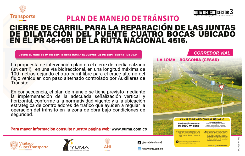 En este momento estás viendo PLAN DE MANEJO DE TRÁNSITO ESPECÍFICO DE CIERRE DE CARRIL PARA LA REPARACIÓN DE JUNTAS DEDILATACIÓN DEL PUENTE CUATRO BOCAS (PR 45+691) UBICADO EN LA RUTA 4516 ENTRE LA LOMA Y BOSCONIA EN EL DEPARTAMENTO DEL CESAR