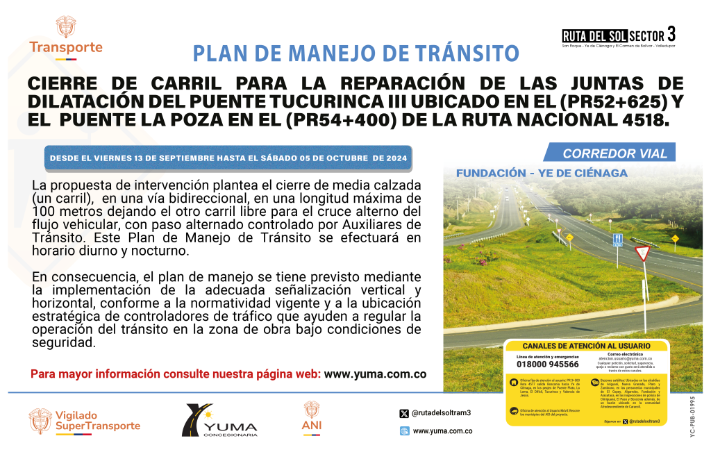 En este momento estás viendo PLAN DE MANEJO DE TRÁNSITO ESPECÍFICO DE CIERRE DE CARRIL PARA LA REPARACIÓN DE JUNTAS DE DILATACIÓN DE LOS PUENTES PUENTE TUCURINCA 111(PR 52+625) Y PUENTE LA POZA (PR 54+400) UBICADO EN LA RUTA 4518 ENTRE FUNDACIÓN Y YE DECIÉNAGA (MAGDALENA)