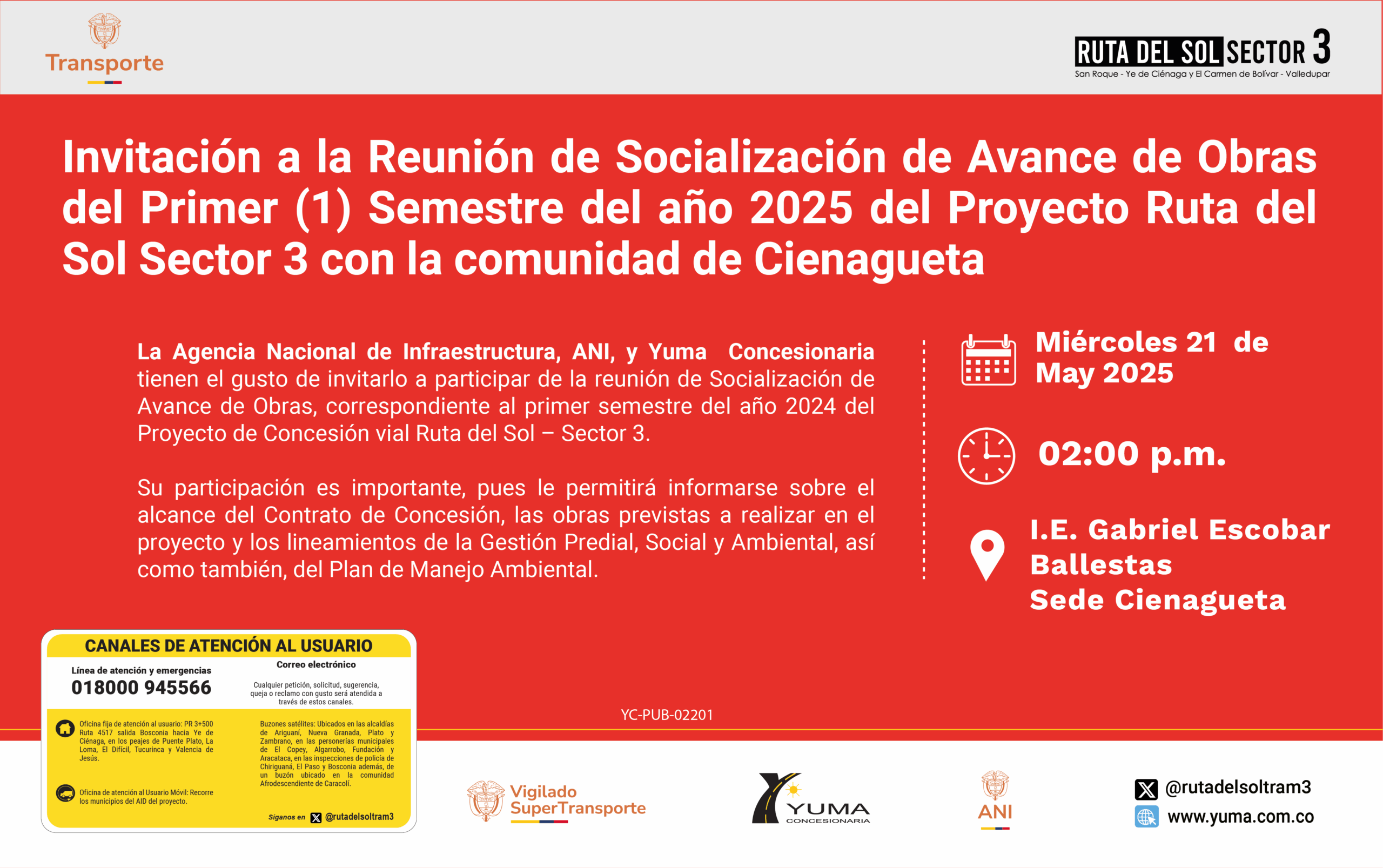 En este momento estás viendo Invitación a la reunión de Socialización de Avance de Obras del primer semestre de 2025 con la comunidad de Cienagueta
