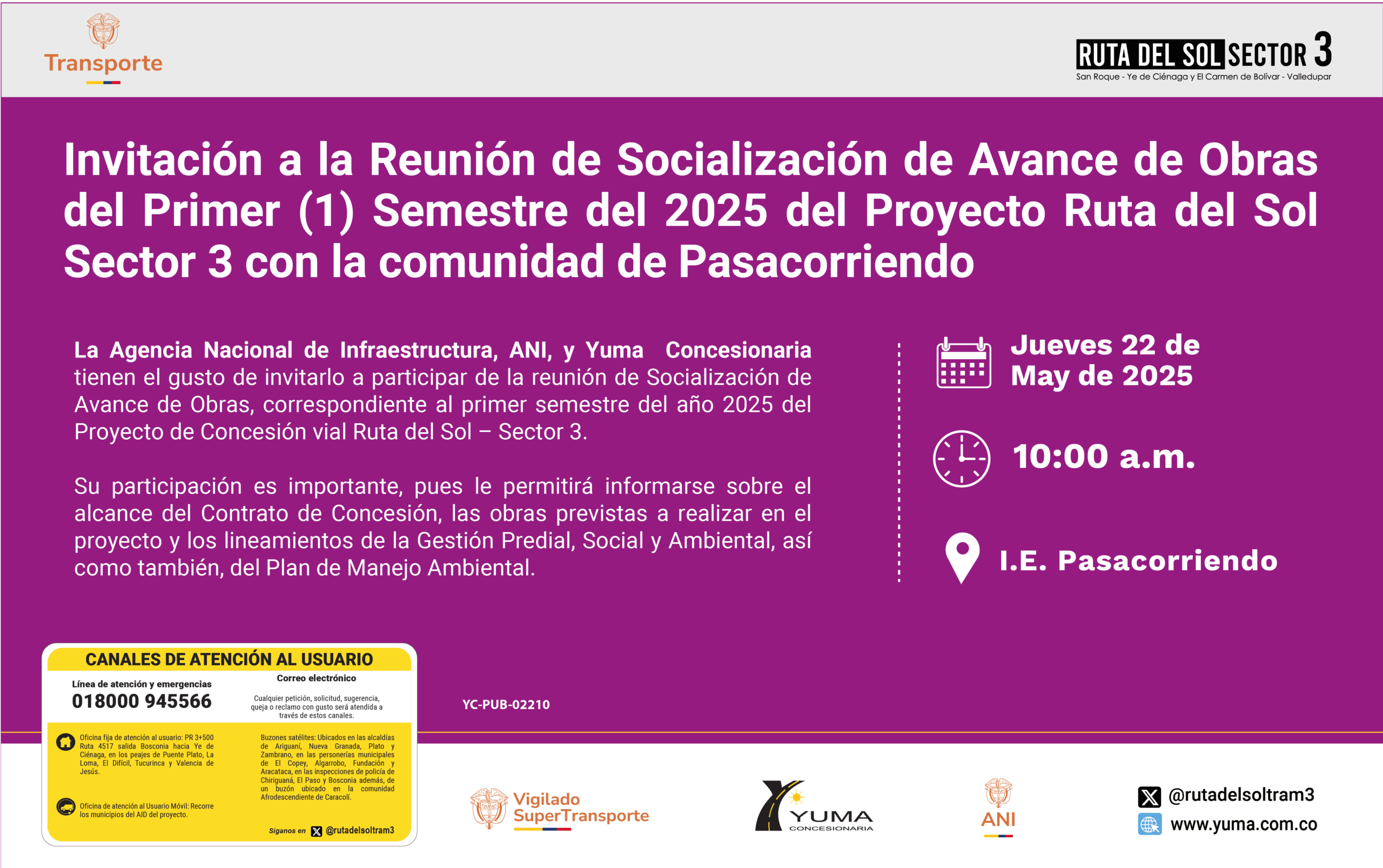 Lee más sobre el artículo Invitación a la reunión de Socialización de Avance de Obras del primer semestre de 2025 con la comunidad de Pasacorriendo