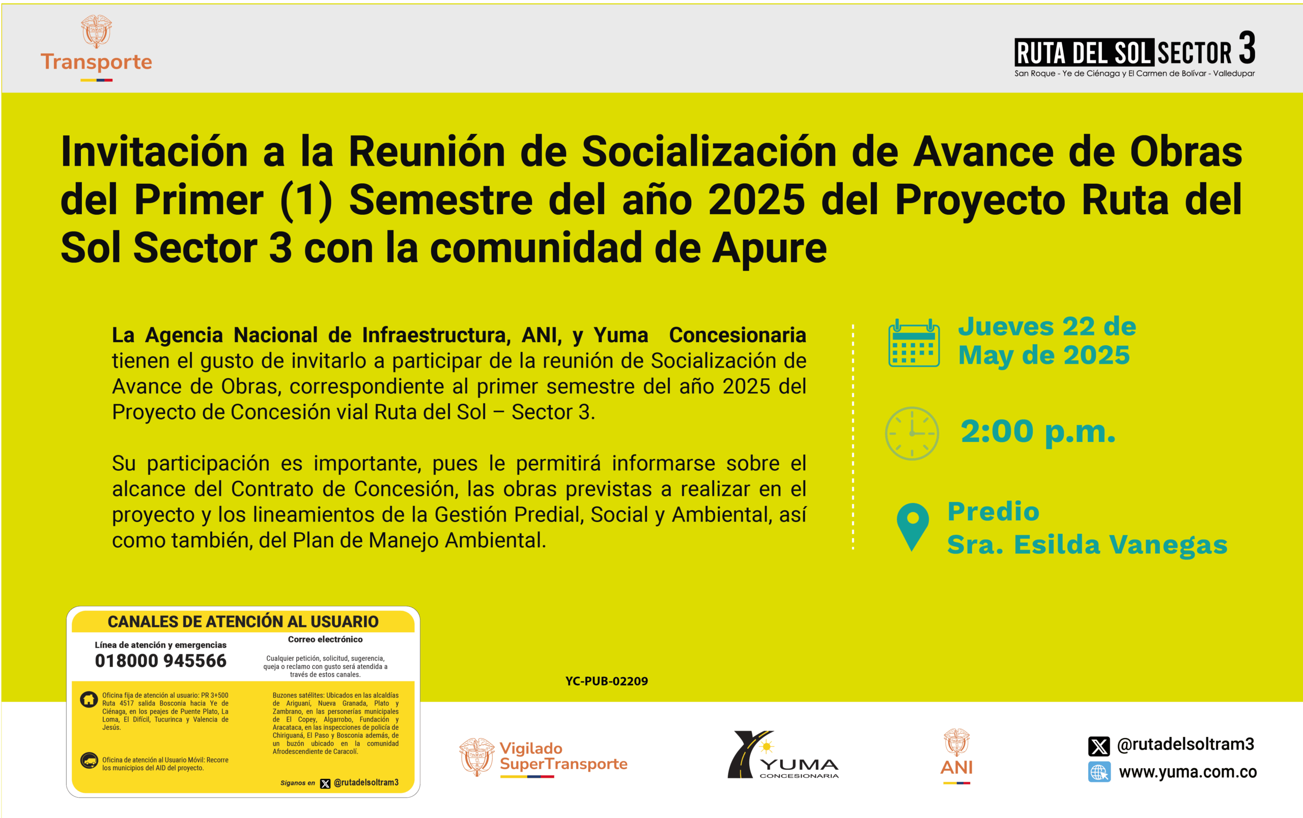 Lee más sobre el artículo Invitación a la reunión de Socialización de Avance de Obras del primer semestre de 2025 con la comunidad de Apure