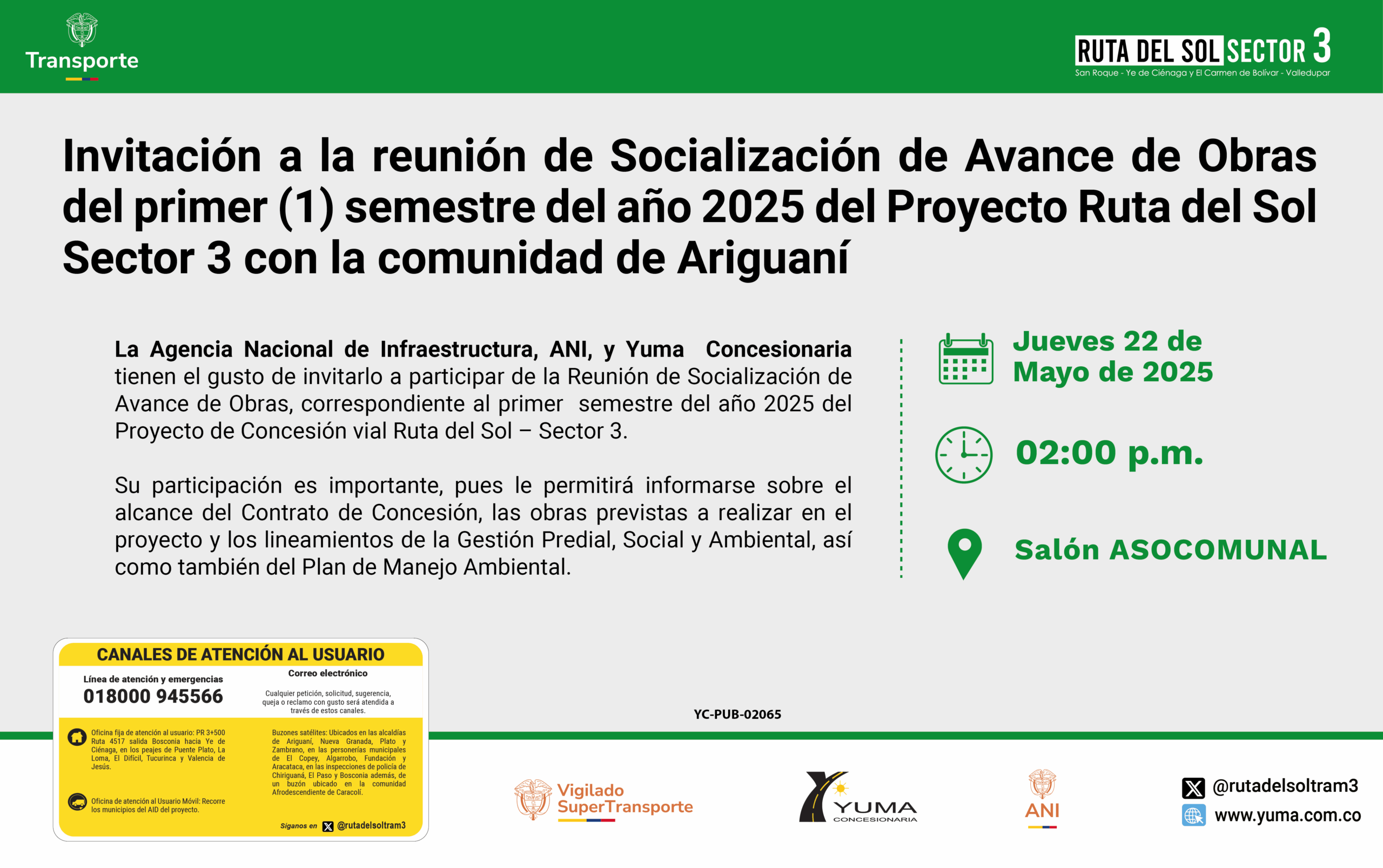 Lee más sobre el artículo Invitación a la reunión de Socialización de Avance de Obras del primer semestre de 2025 con la comunidad de Ariguaní