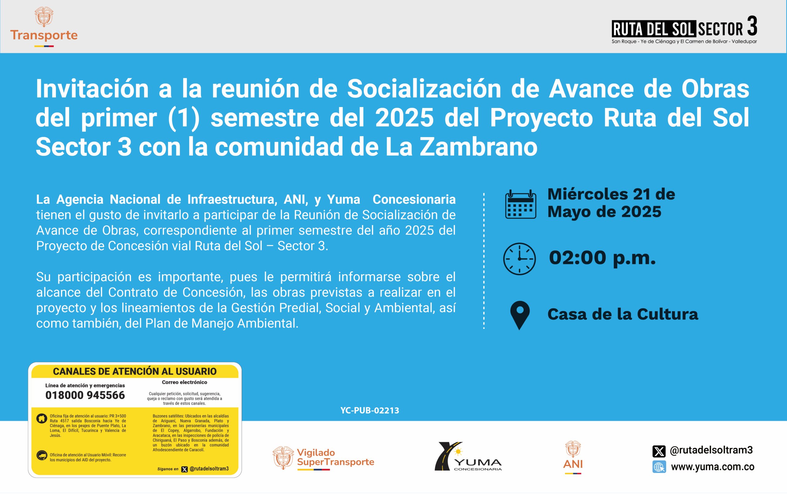 Lee más sobre el artículo Invitación a la reunión de Socialización de Avance de Obras del Primer Semestre del 2025 del Proyecto Ruta del Sol Sector 3 con la comunidad de Zambrano