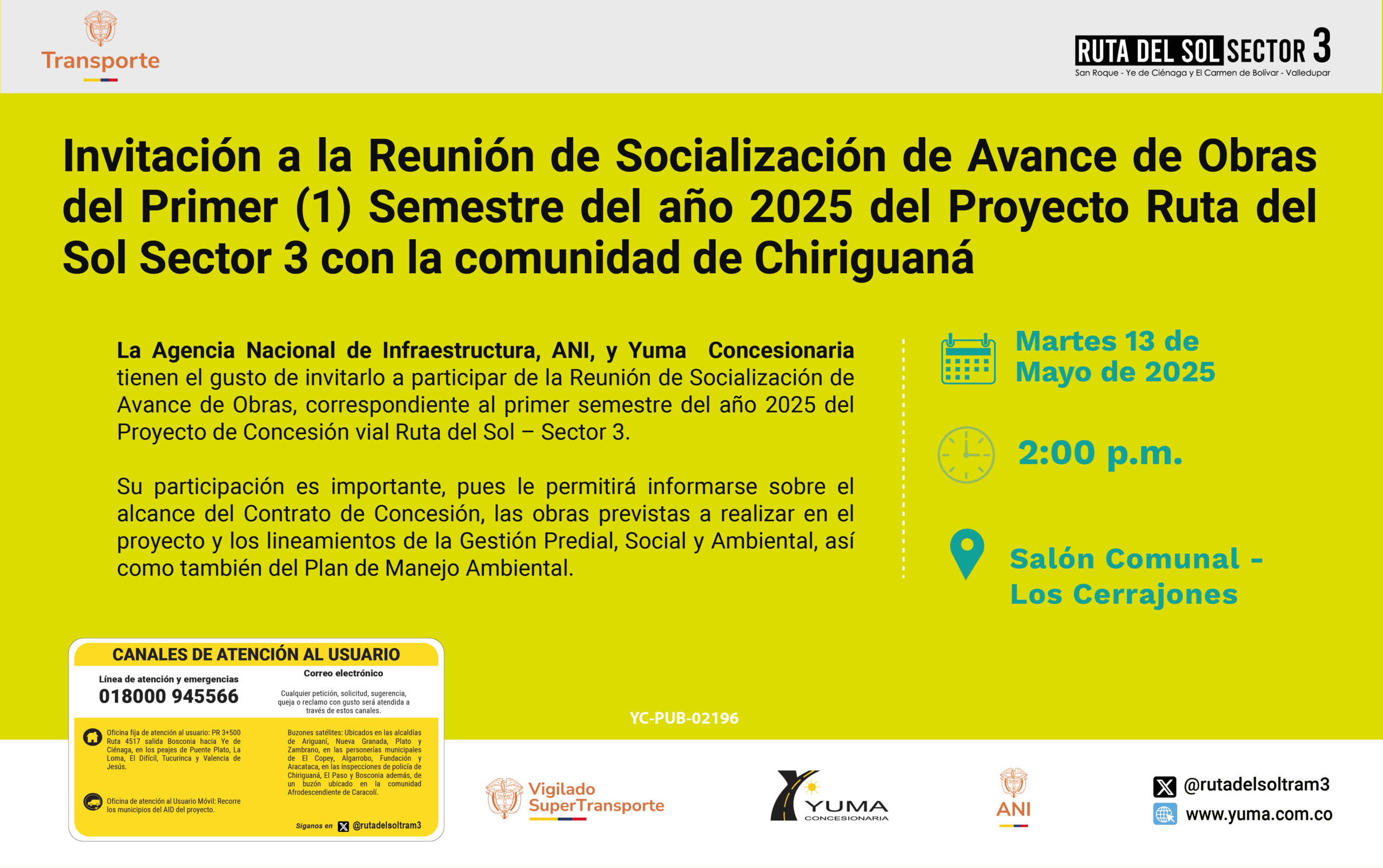 Lee más sobre el artículo Invitación a la reunión de Socialización de Avance de Obras del primer semestre de 2025 con la comunidad de Chiriguaná