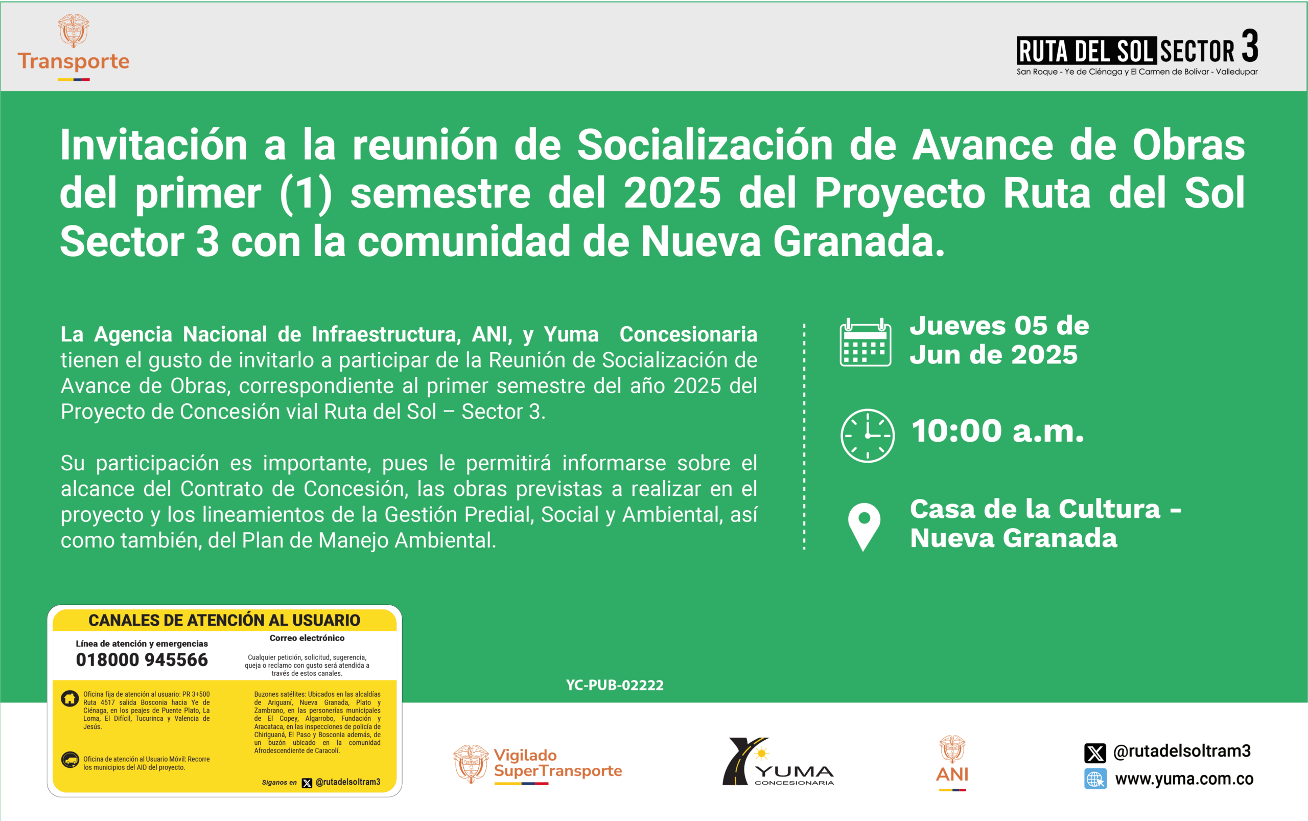 Lee más sobre el artículo Invitación a la reunión de Socialización de Avance de Obras del primer (1) semestre del 2025 del Proyecto Ruta del Sol Sector 3 con la comunidad de Nueva Granada.