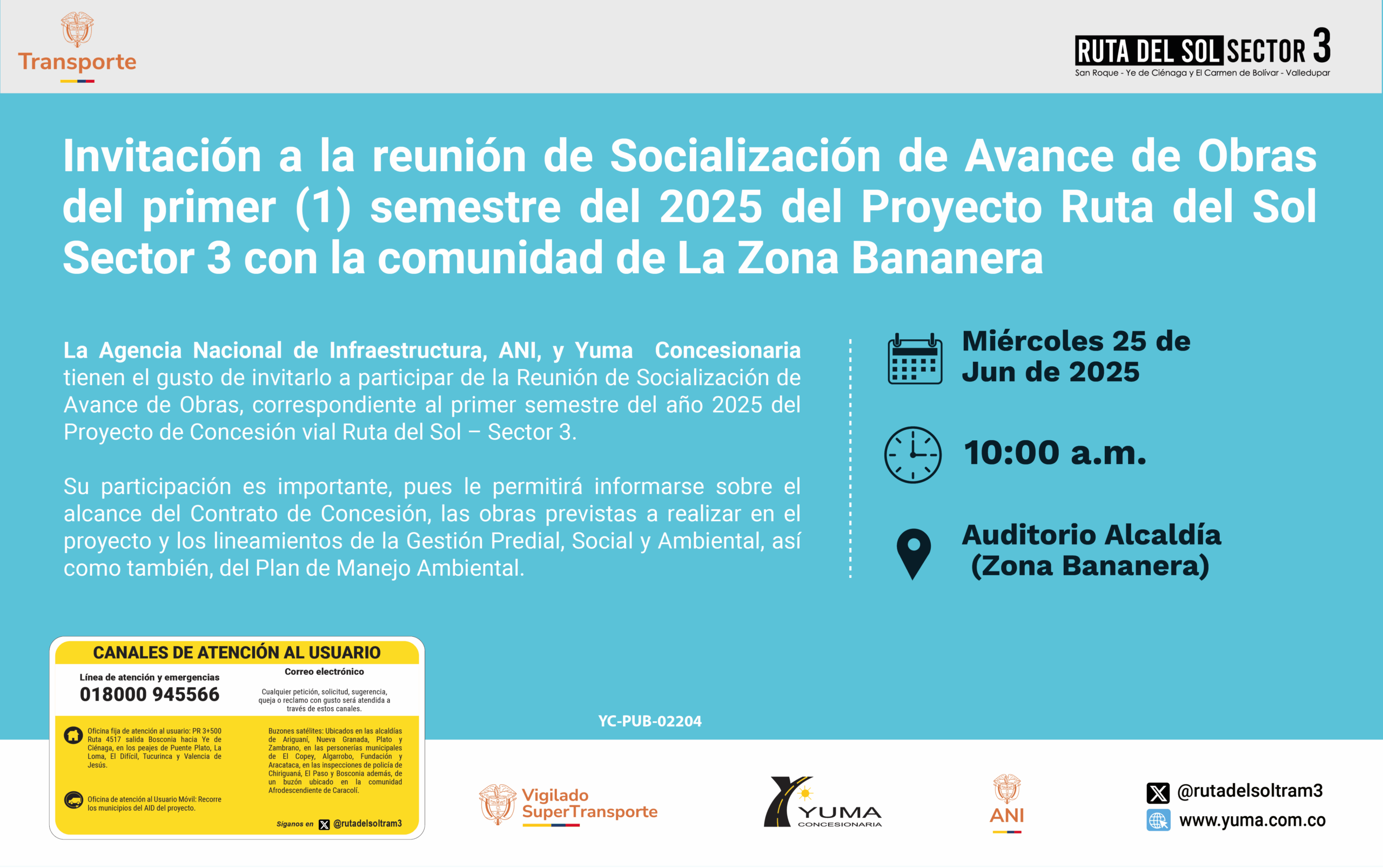 Lee más sobre el artículo Invitación a la reunión de socialización de avance de Obras del primer semestre del 2025 con la comunidad de La Zona Bananera