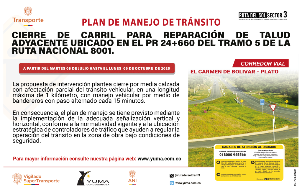 En este momento estás viendo PLAN DE MANEJO DE TRÁNSITO ESPECÍFICO DE CIERRE DE CARRIL PARA REPARACIÓN DE TALUD ADYACENTE UBICADO EN EL PR 24+660 (RUTA 8001) CARMEN DE BOLIVAR – PLATO (TRAMO 5).