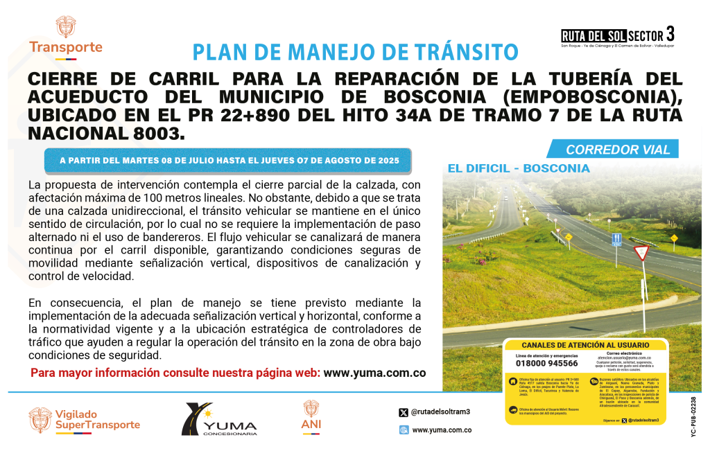 En este momento estás viendo PLAN DE MANEJO DE TRÁNSITO ESPECIFICO CIERRE DE CARRIL PARA REPARACIÓN DE LA TUBERÍA DEL ACUEDUCTO DEL MUNICIPIO DE BOSCONIA (EMPOBOSCONIA), UBICADO EN EL PR 22+890 (RUTA 8003) HITO 34A – TRAMO 7.