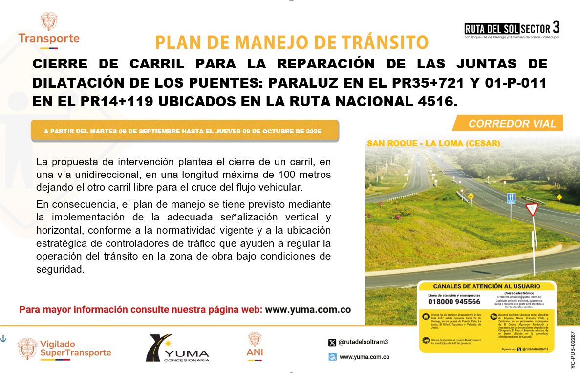 En este momento estás viendo PLAN DE MANEJO DE TRÁNSITO ESPECÍFICO DE CIERRE DE CARRIL PARA LA REPARACIÓN DE JUNTAS DE DILATACIÓN DE LOS PUENTES: PARALUZ (PR 35+721) Y 01-P-011 (PR 14+119) UBICADOS EN LA RUTA 4516.