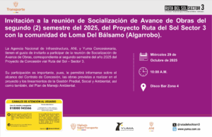 Lee más sobre el artículo Invitación a la reunión de Socialización de Avance de Obras del segundo (2) semestre del 2025, del Proyecto Ruta del Sol Sector 3 con la comunidad de Loma Del Bálsamo (Algarrobo).