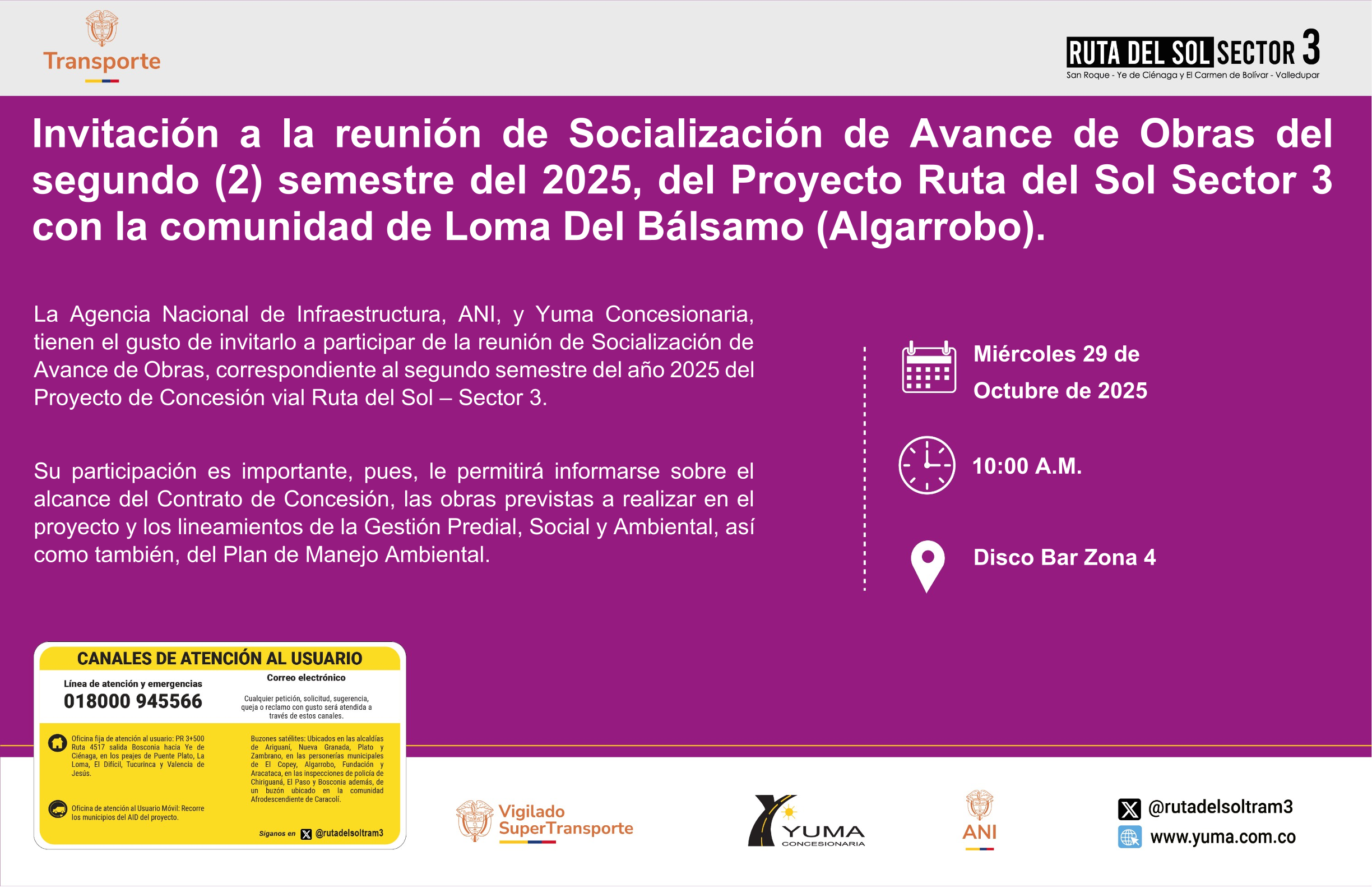 En este momento estás viendo Invitación a la reunión de Socialización de Avance de Obras del segundo (2) semestre del 2025, del Proyecto Ruta del Sol Sector 3 con la comunidad de Loma Del Bálsamo (Algarrobo).