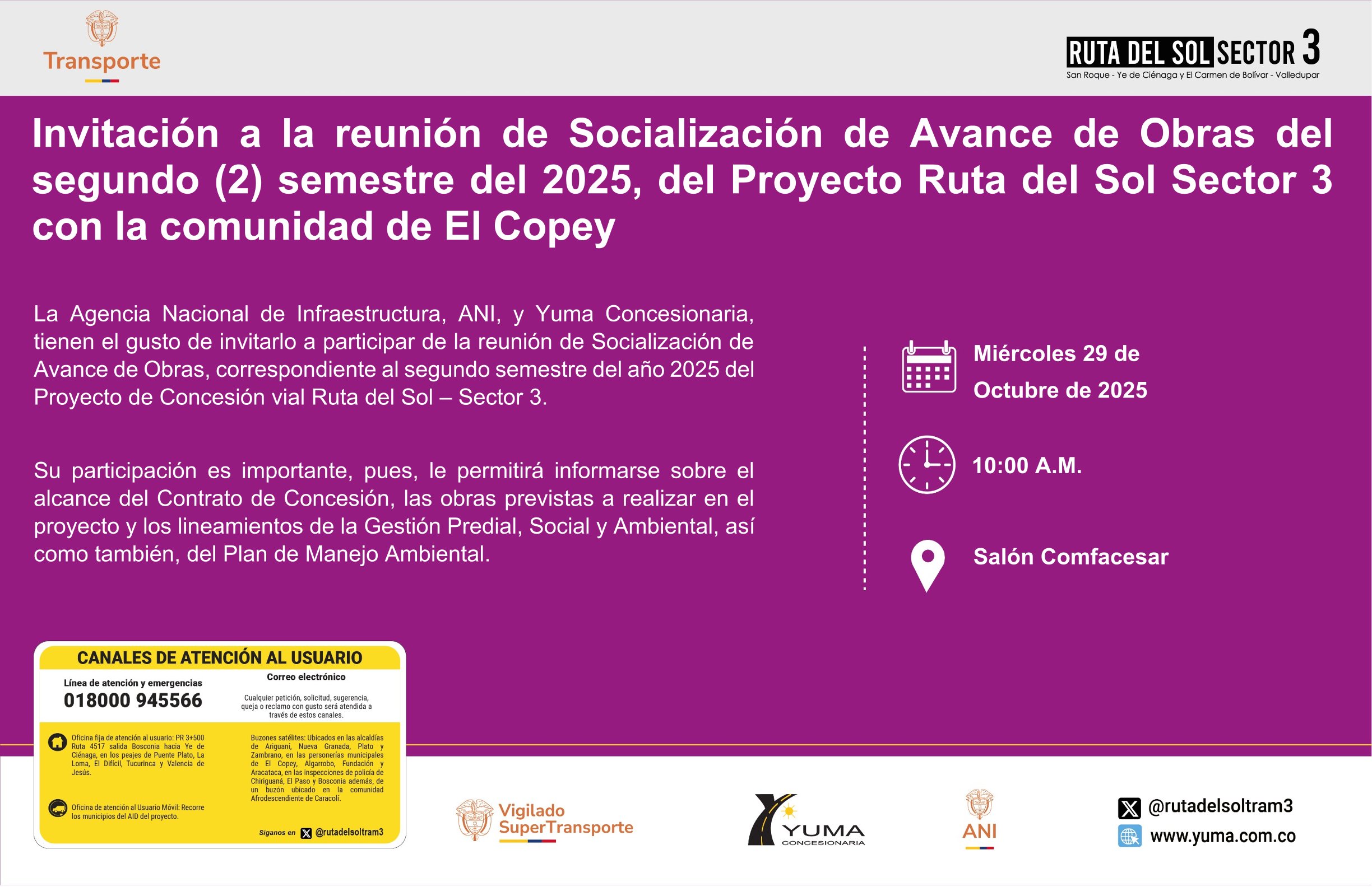 Lee más sobre el artículo Invitación a la reunión de Socialización de Avance de Obras del segundo (2) semestre del 2025, del Proyecto Ruta del Sol Sector 3 con la comunidad de El Copey