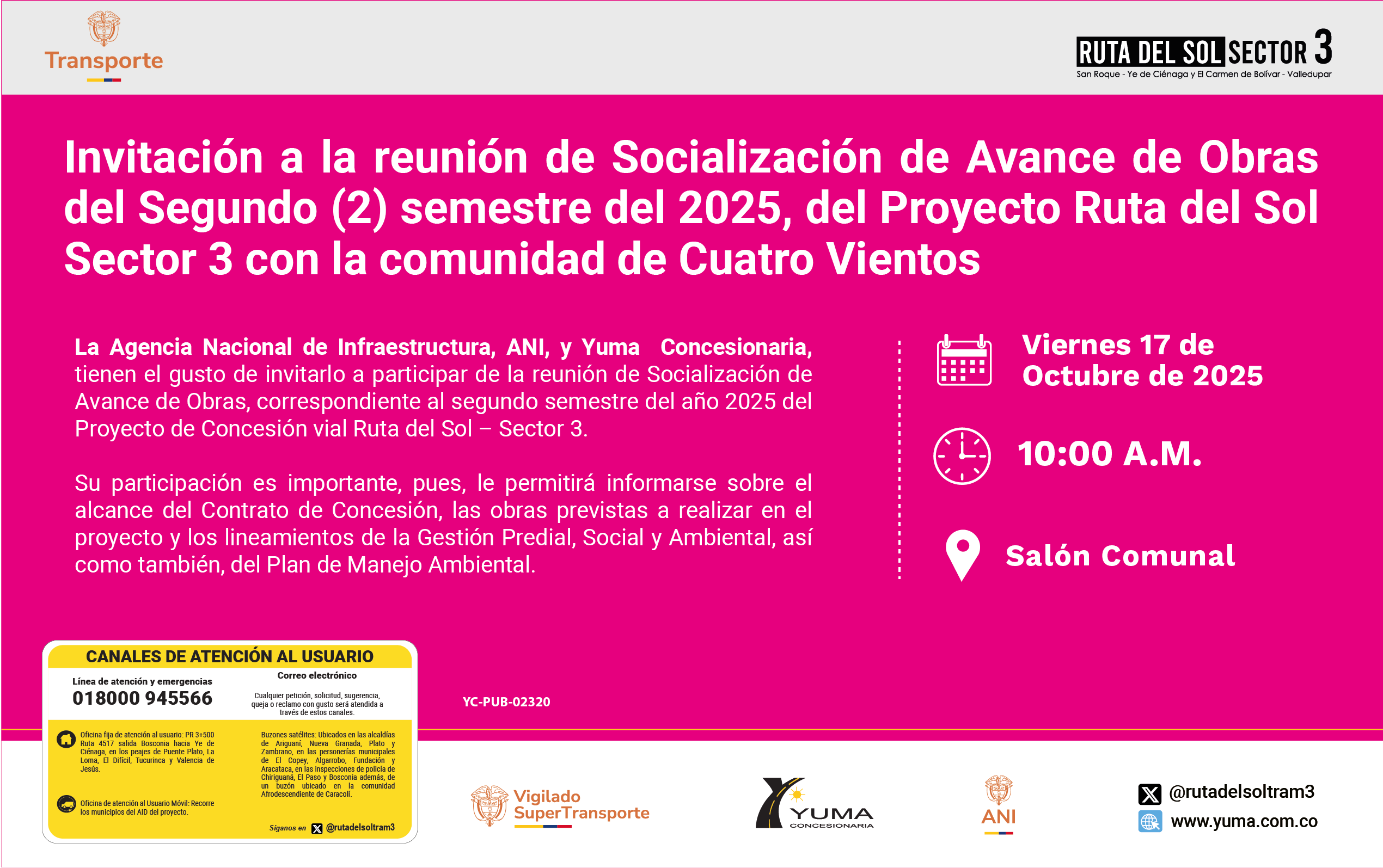 Lee más sobre el artículo Invitación a la reunión de Socialización de Avance de Obrasdel Segundo (2) semestre del 2025, del Proyecto Ruta del SolSector 3 con la comunidad de Cuatro Vientos