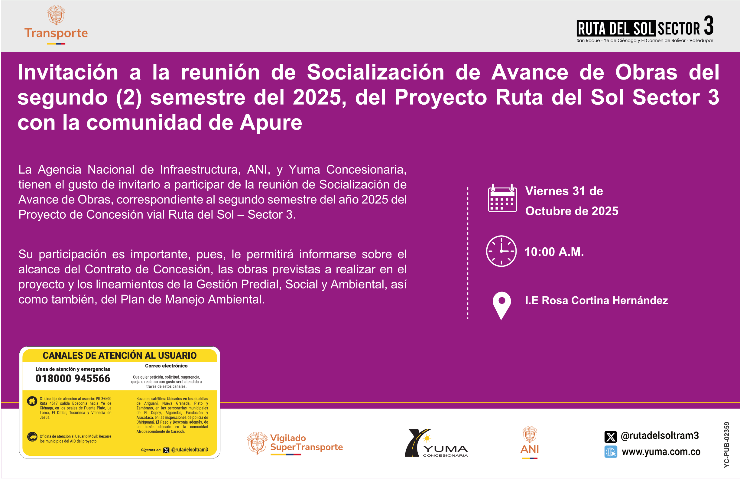 Lee más sobre el artículo Invitación a la reunión de Socialización de Avance de Obras del segundo (2) semestre del 2025, del Proyecto Ruta del Sol Sector 3 con la comunidad de Apure