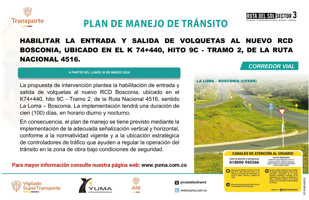En este momento estás viendo PLAN DE MANEJO DE TRÁNSITO (PMT) PARA HABILITAR LA ENTRADA Y SALIDA DE VOLQUETAS AL NUEVO RCD BOSCONIA, UBICADO EN EL K 74+440, RUTA NACIONAL 4516.