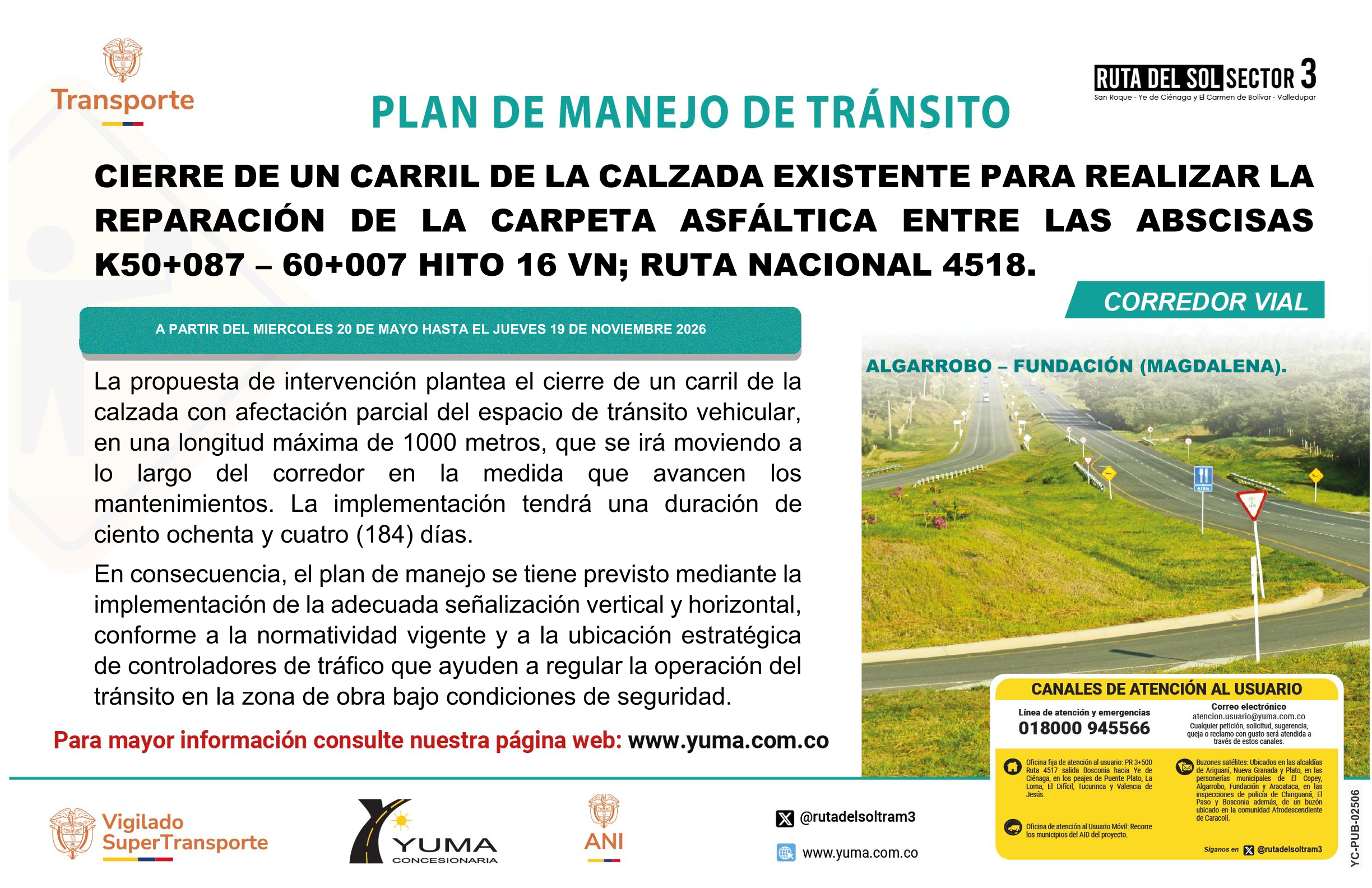 En este momento estás viendo PLAN DE MANEJO DE TRÁNSITO ESPECÍFICO DE CIERRE DE UN CARRIL PARA REALIZAR LA REPARACIÓN DE LA CARPETA ASFÁLTICA DE LOS K 50+087 – 60+007 HITO 16 VN, RUTA NACIONAL 4518.