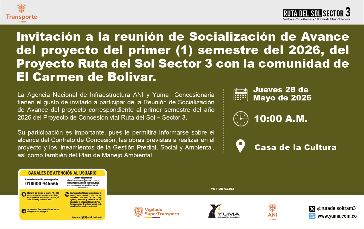Lee más sobre el artículo Invitación a la reunión de Socialización de Avance del proyecto del primer (1) semestre del 2026, del Proyecto Ruta del Sol Sector 3 con la comunidad de El Carmen de Bolivar.