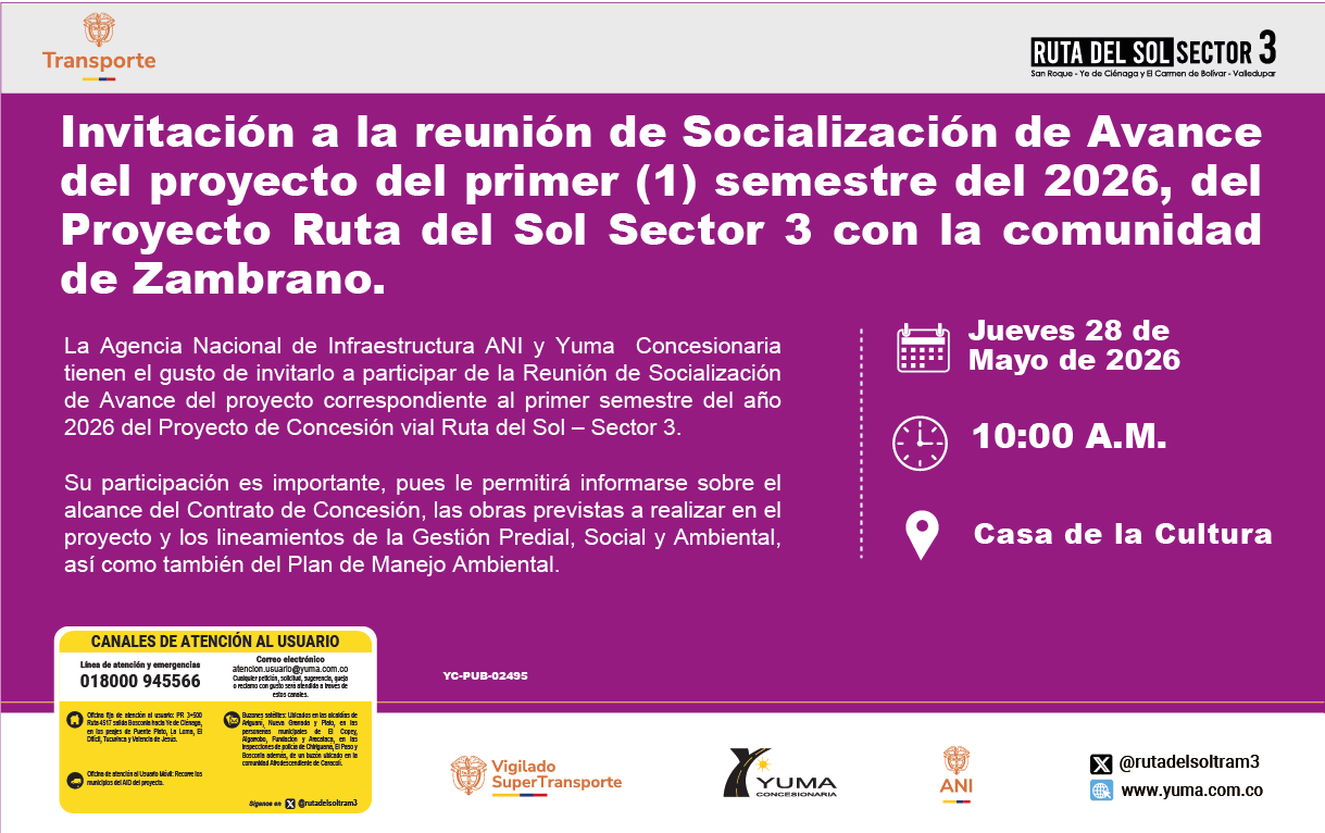 En este momento estás viendo Invitación a la reunión de Socialización de Avance del proyecto del primer (1) semestre del 2026, del Proyecto Ruta del Sol Sector 3 con la comunidad de Zambrano.