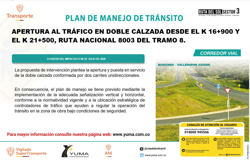 En este momento estás viendo PLAN DE MANEJO DE TRÁNSITO PARA LA PUESTA EN SERVICIO DE LA DOBLE CALZADA ENTRE EL K16+900 Y EL K21+500 DE LA RUTA NACIONAL 8003
