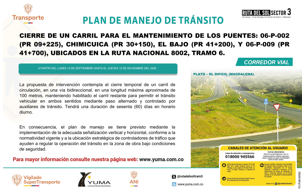 En este momento estás viendo PLAN DE MANEJO DE TRÁNSITO ESPECÍFICO DE CIERRE DE CARRIL PARA EL MANTENIMIENTO DE LOS PUENTES: 06-P-003 (PR 09+225), CHIMICUICA (PR 30+150), EL BAJO (PR 41+200), Y 06-P-009 (PR 41+700), UBICADOS EN LA RUTA NACIONAL 8002.