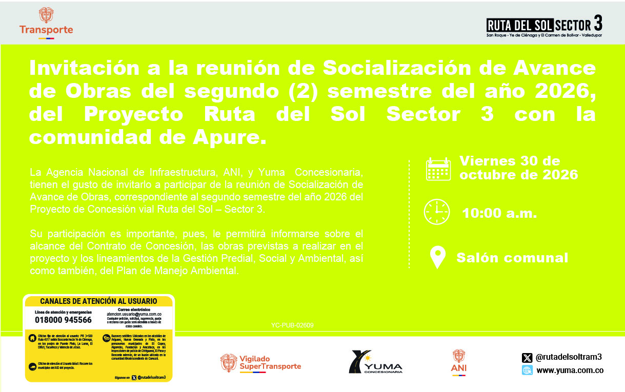 En este momento estás viendo Invitación a la reunión de Socialización de Avance de Obras del segundo (2) semestre del año 2026, del Proyecto Ruta del Sol Sector 3 con la comunidad de Apure.