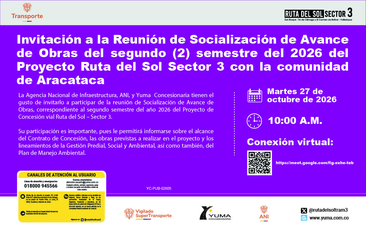 En este momento estás viendo Invitación a la Reunión de Socialización de Avance de Obras del segundo (2) semestre del 2026 del Proyecto Ruta del Sol Sector 3 con la comunidad de Aracataca