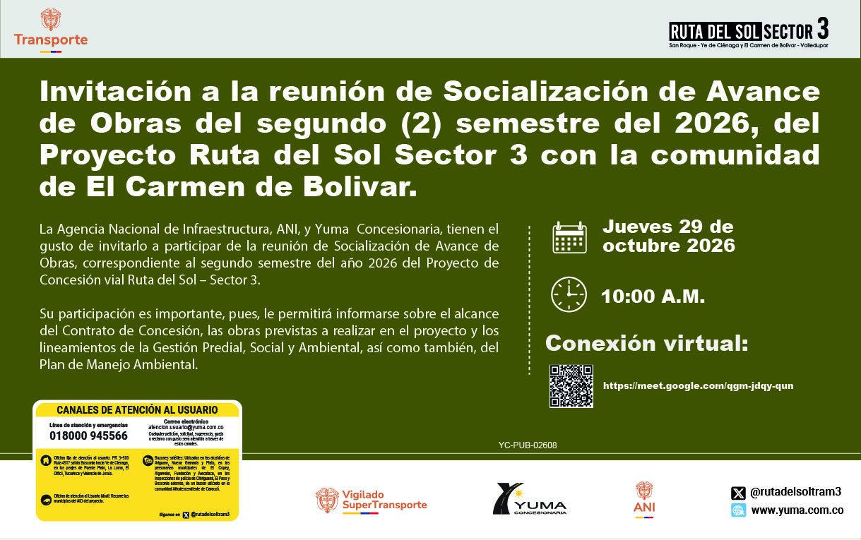 En este momento estás viendo Invitación a la reunión de Socialización de Avancede Obras del segundo (2) semestre del 2026, del Proyecto Ruta del Sol Sector 3 con la comunidad de El Carmen de Bolivar.