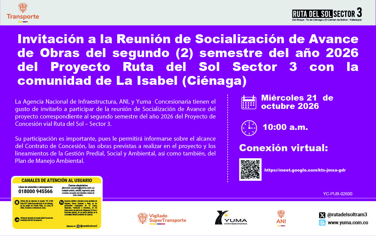 En este momento estás viendo Invitación a la Reunión de Socialización de Avance de Obras del segundo (2) semestre del año 2026 del Proyecto Ruta del Sol Sector 3 con la comunidad de La Isabel (Ciénaga)