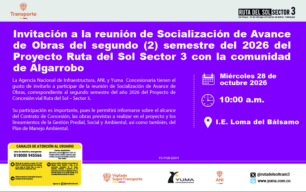 Lee más sobre el artículo Invitación a la reunión de Socialización de Avance de Obras del segundo (2) semestre del 2026 del Proyecto Ruta del Sol Sector 3 con la comunidad de Algarrobo