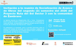 Lee más sobre el artículo Invitación a la reunión de Socialización de Avance de Obras del segundo (2) semestre del 2026 del Proyecto Ruta del Sol Sector 3 con la comunidad de Zambrano