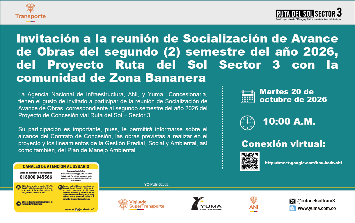 En este momento estás viendo Invitación a la reunión de Socialización de Avance de Obras del segundo (2) semestre del año 2026, del Proyecto Ruta del Sol Sector 3 con la comunidad de Zona Bananera